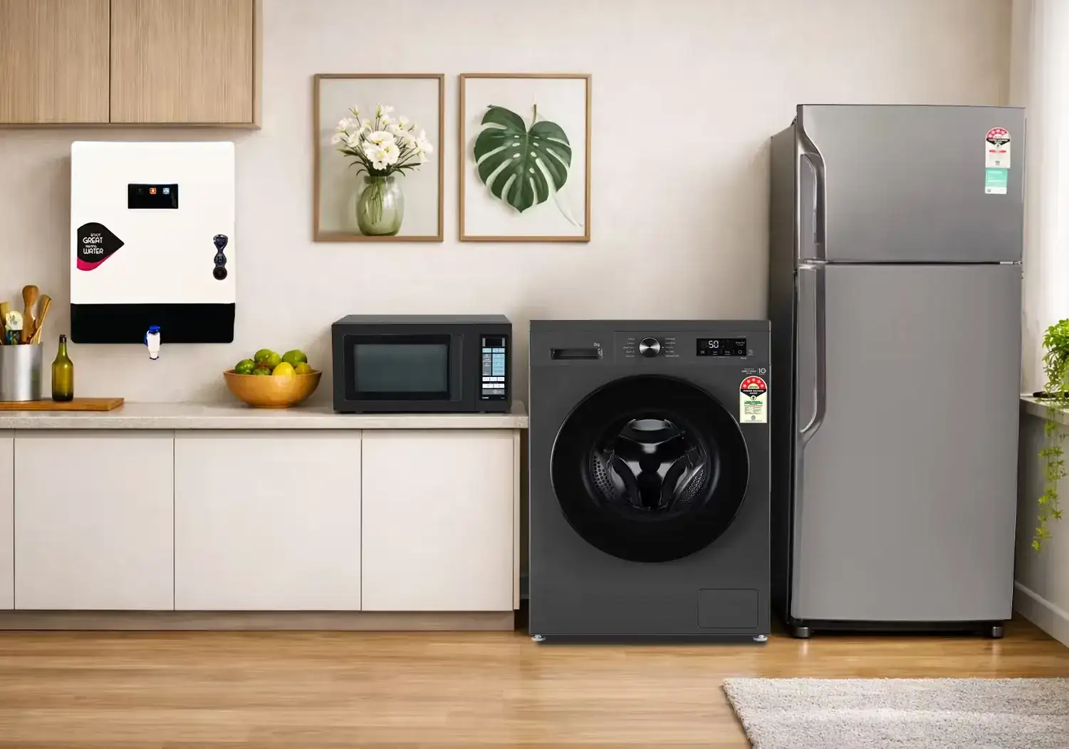 Front Load Washing Machine, Double Door Fridge, Convection Microwave Oven & RO Combo